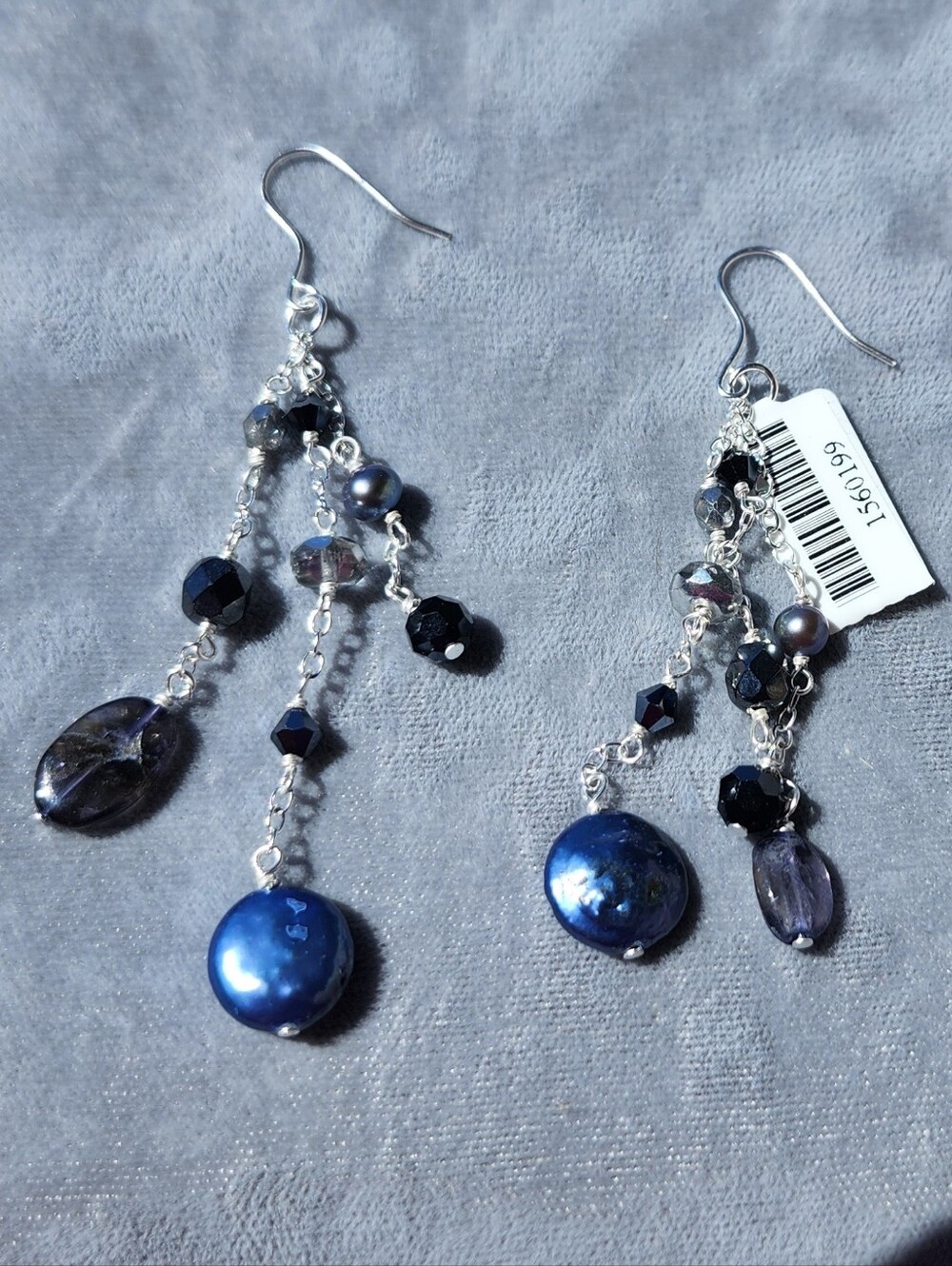 Flat Blue Pearl & Crystal Dangle Earrings